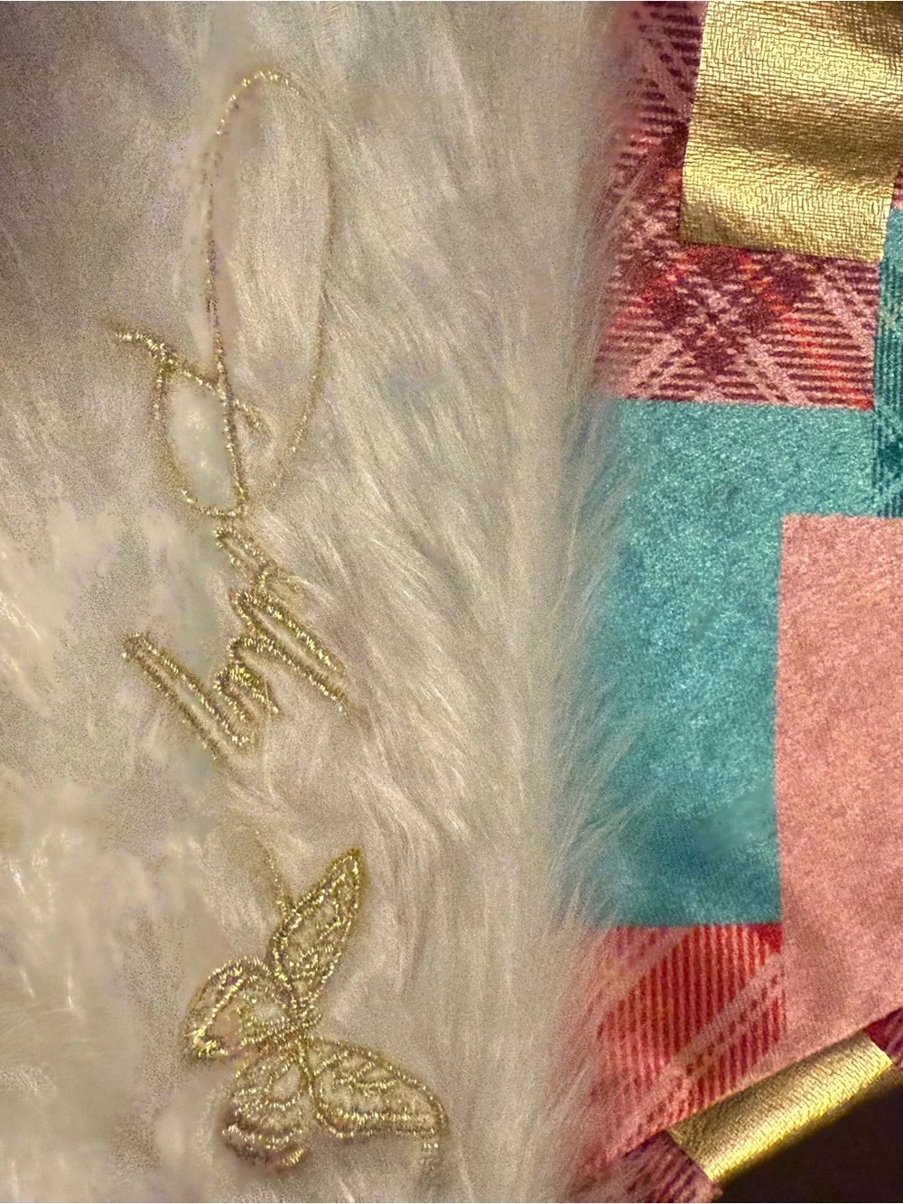 Dllly Parton Holiday Coat of Many Patchwork Santa Hat White Faux Fur Trim